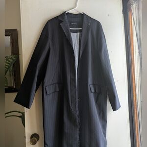 Pink Tartan Women's Dark Navy Pinstripe Long Coat. US 14